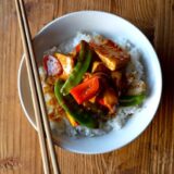 Braised tofu with vegetables over rice