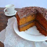 pumpkin cake with chocolate frosting