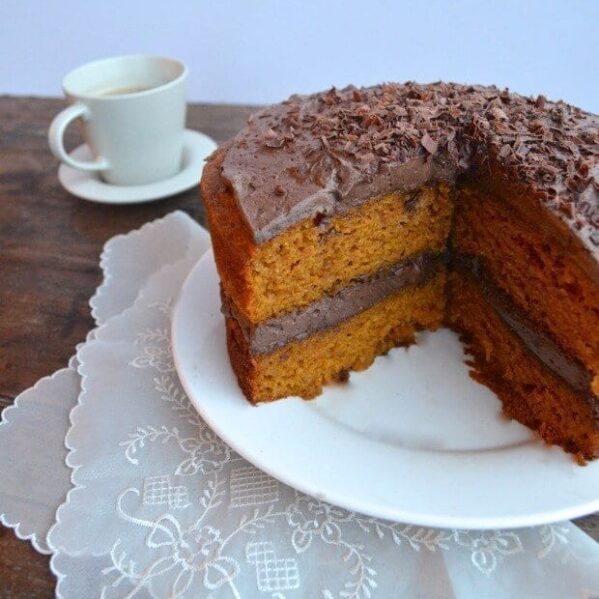 pumpkin cake with chocolate frosting