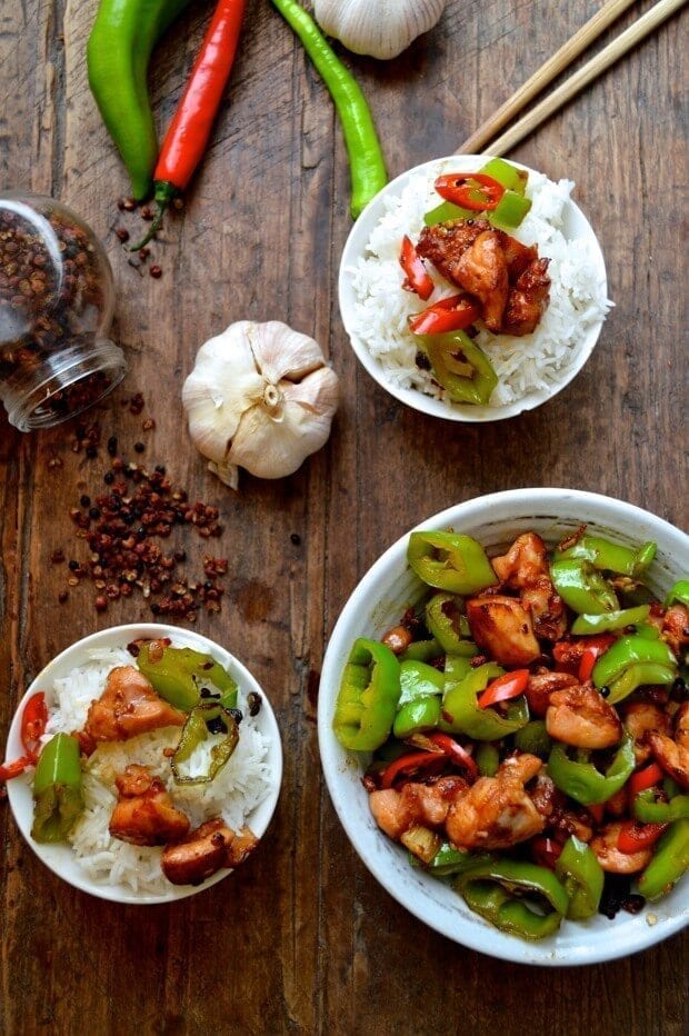 Sichuan Spicy Three Pepper Chicken - chilis, by thewoksoflife.com