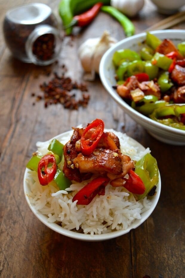 Sichuan Spicy Three Pepper Chicken, by thewoksoflife.com