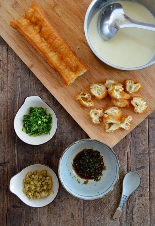 Savory Soy Milk Soup w/ Fried Dough (Dou Jiang), by thewoksoflife.com
