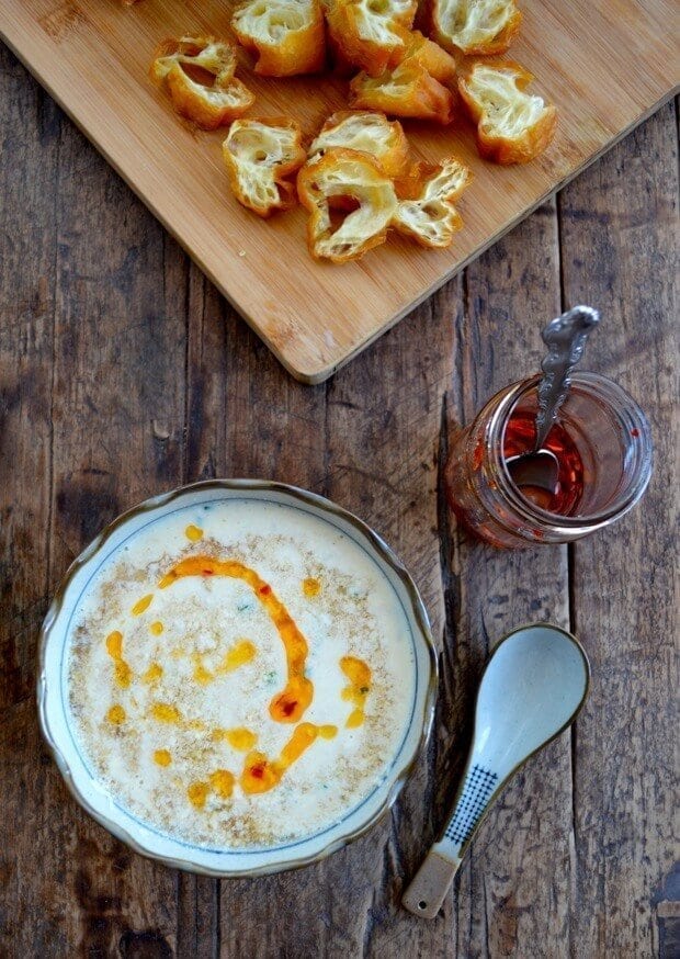 Savory Soy Milk Soup w/ Fried Dough (Dou Jiang), by thewoksoflife.com
