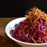 red cabbage slaw with crispy shoestring potatoes