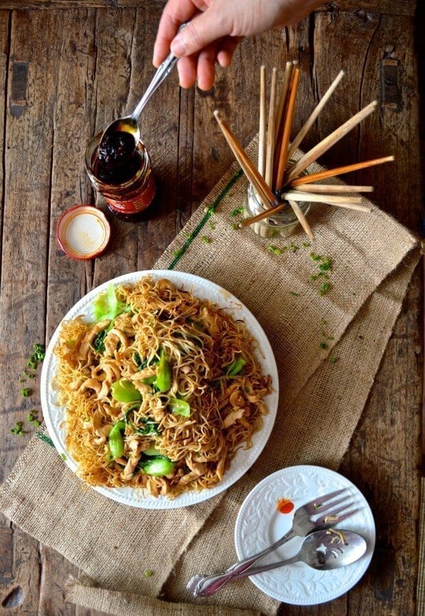 Chicken Pan-Fried Noodles (Gai See Chow Mein) by thewoksoflife.com