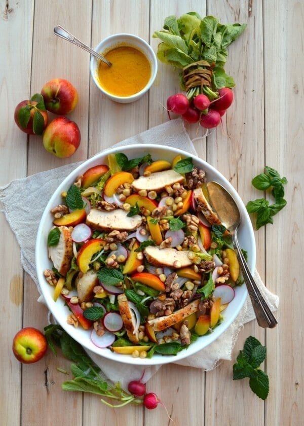Nectarine Salad with Seared Chicken & Carrot Ginger Dressing by thewoksoflife.com
