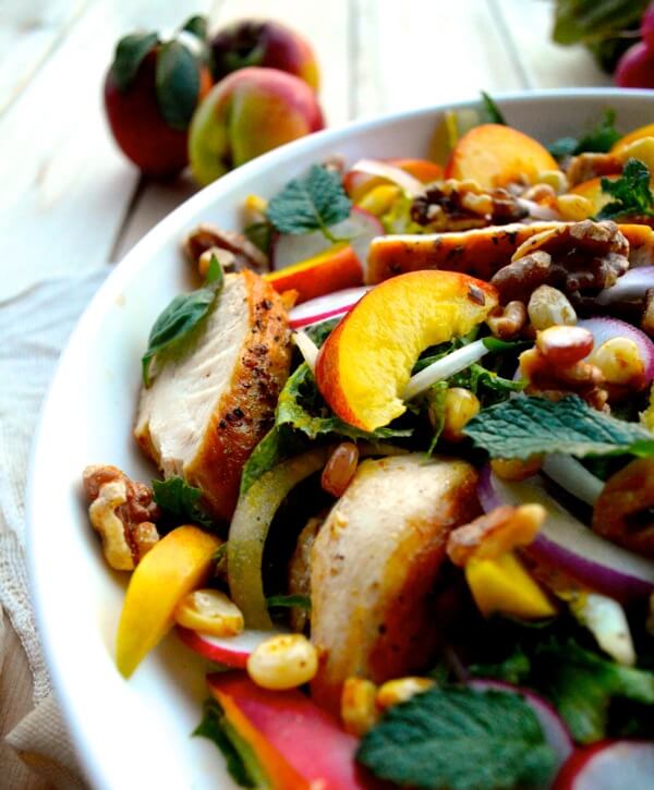 Nectarine Salad with Seared Chicken & Carrot Ginger Dressing by thewoksoflife.com