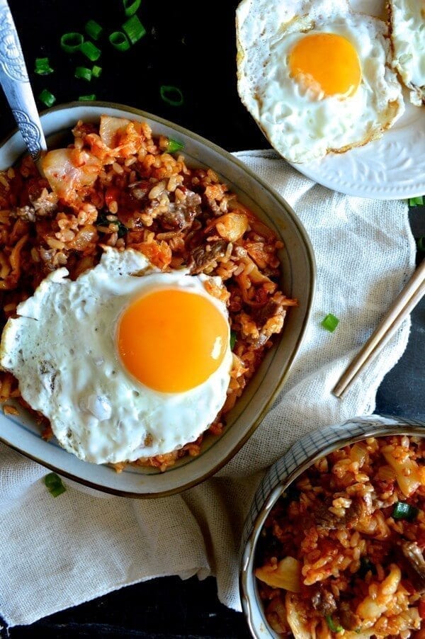 Beef and Kimchi Fried Rice - Chinese Korean Fusion, by thewoksoflife.com
