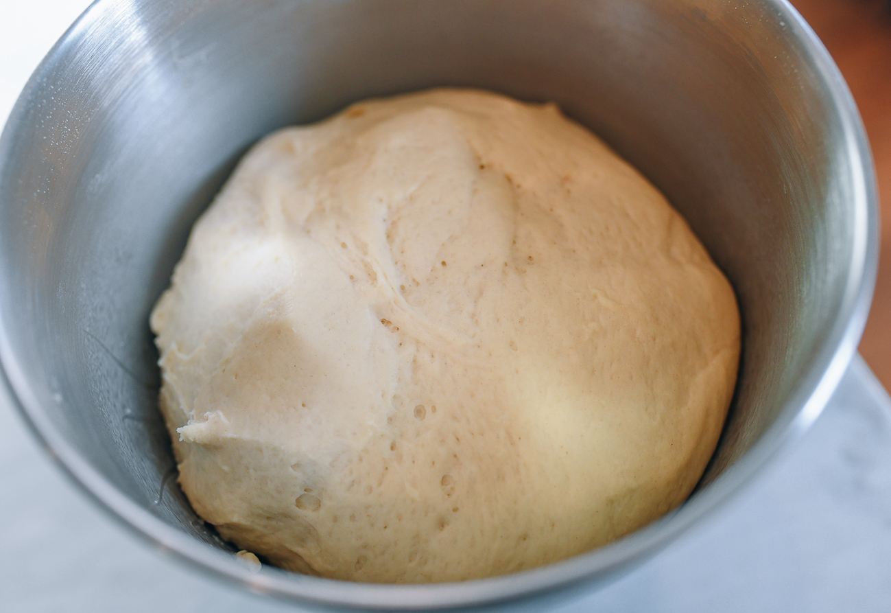 Risen milk bread dough after first proofing