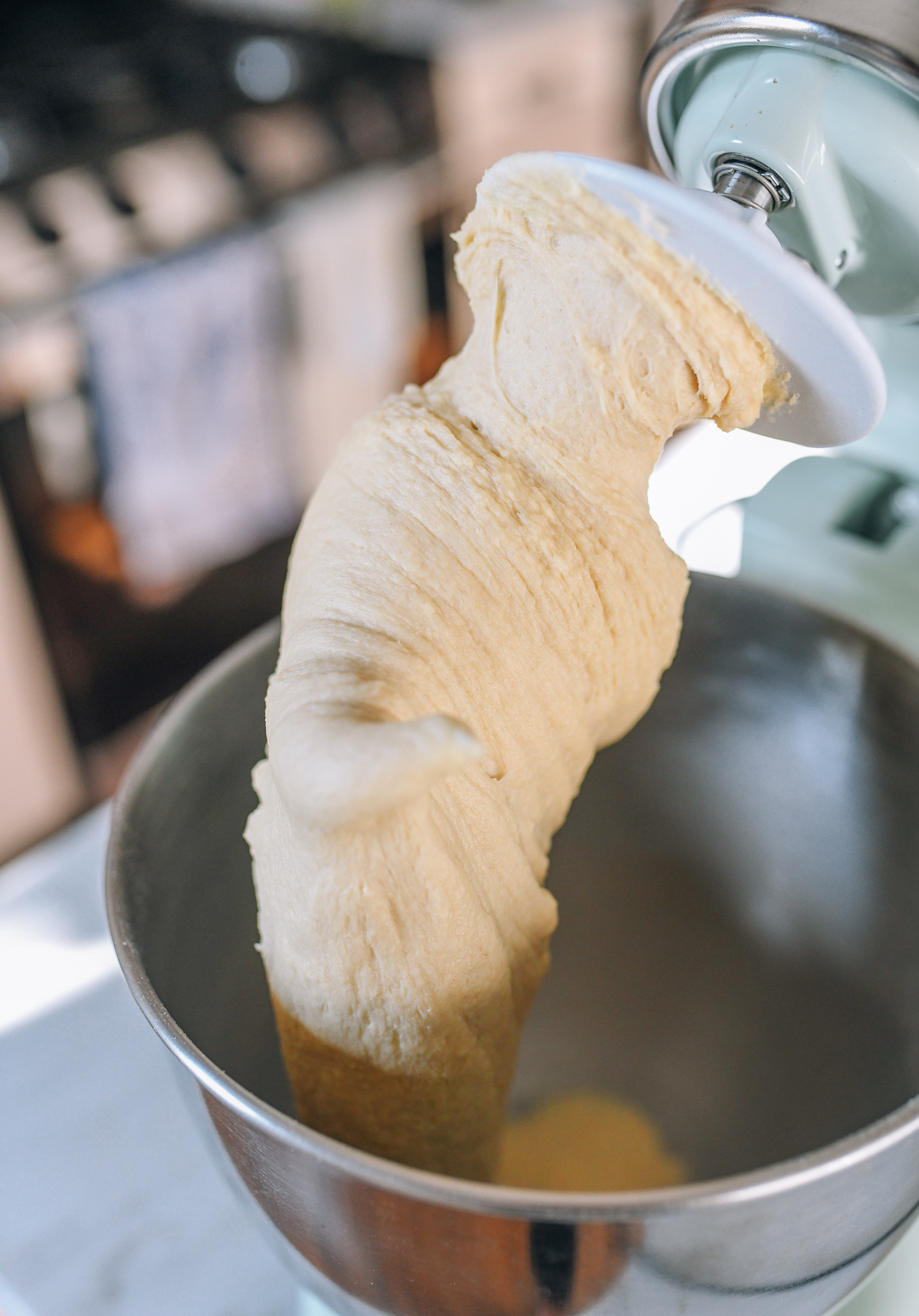 Milk Bread dough in mixer, thewoksoflife.com