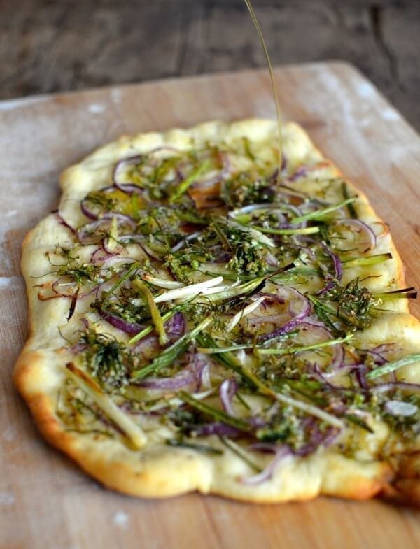 Chive Flowers Two Ways: Chive Flower Flatbread Recipe, by thewoksoflife.com