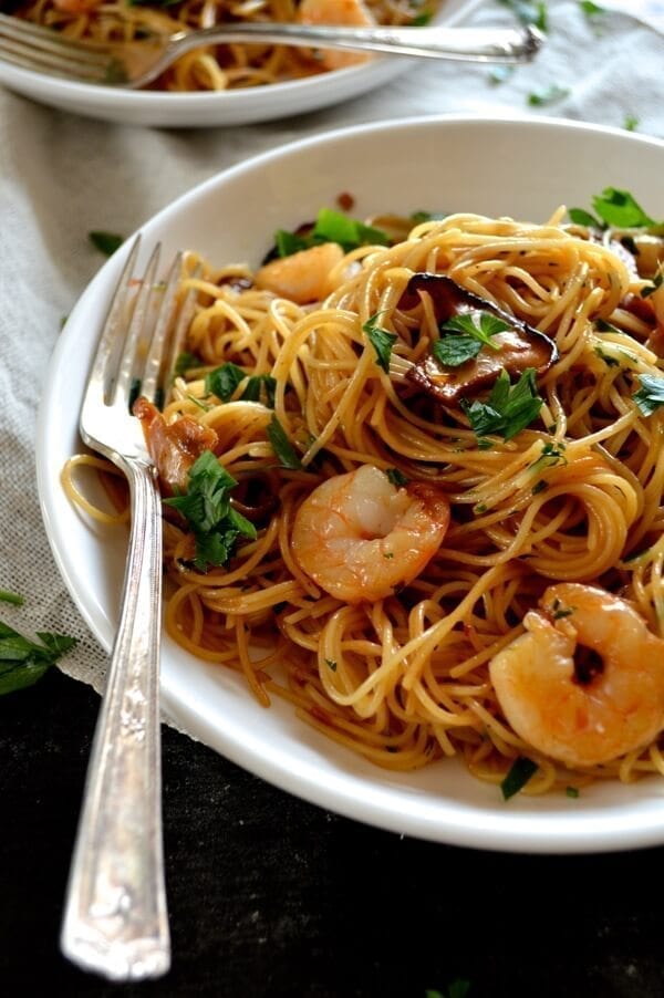 Soy Sauce Butter Pasta with Shrimp and Shiitakes by thewoksoflife.com