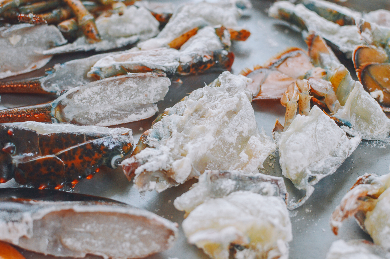 raw lobster pieces coated in cornstarch