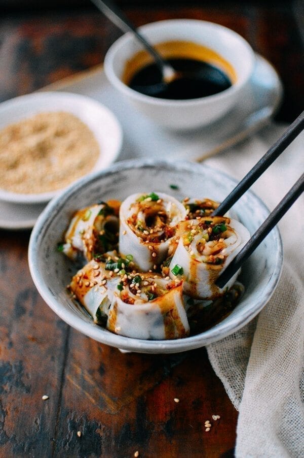 Homemade rice noodles (cheung fun), by thewoksoflife.com