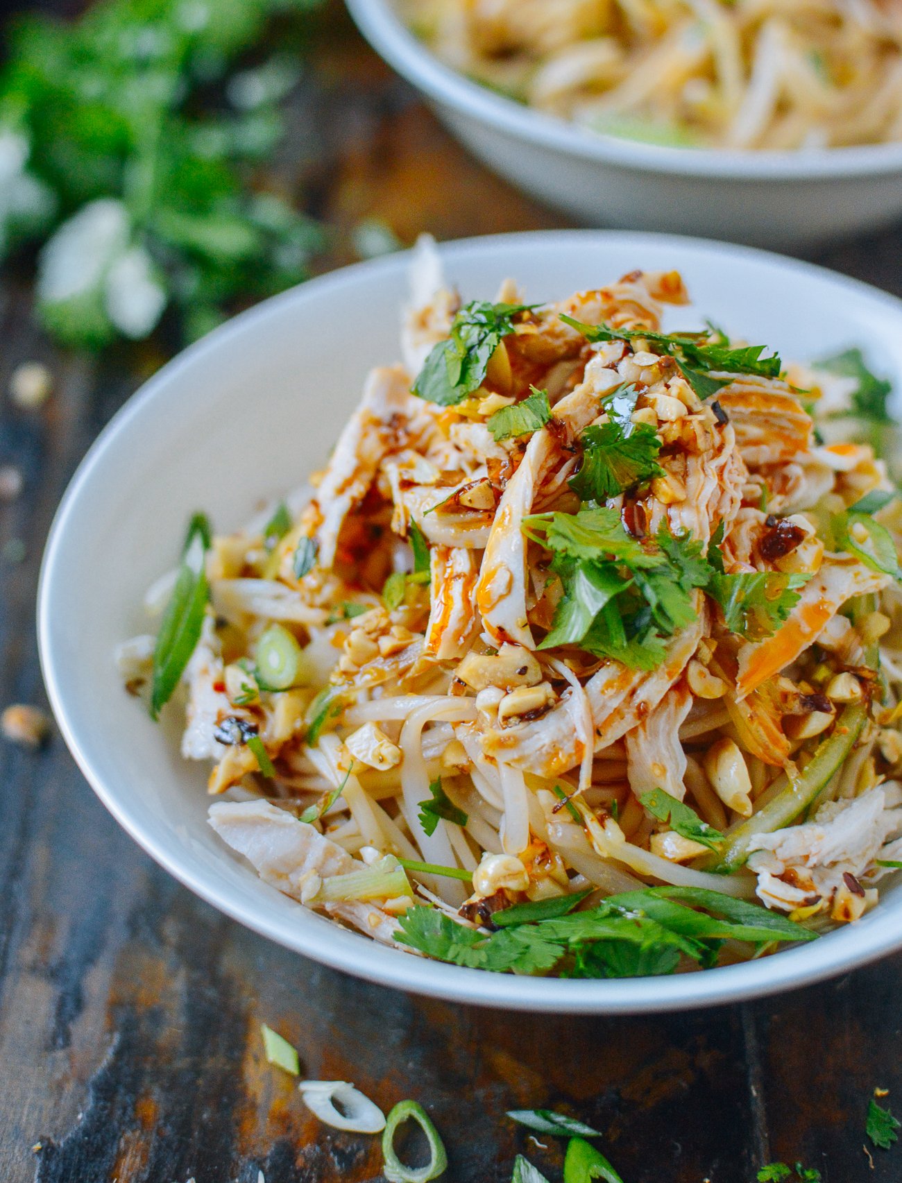 Bowl of Chinese cold noodles with shredded chicken
