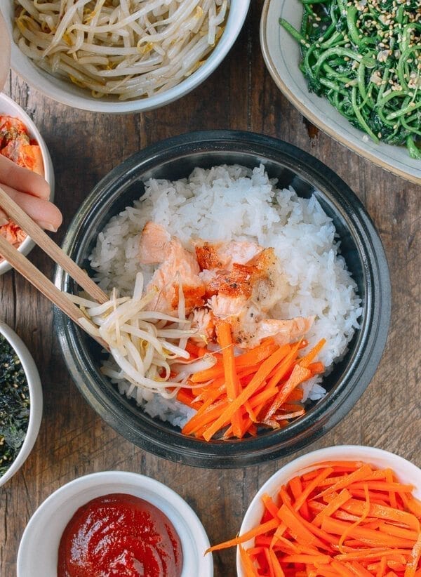 Salmon Bibimbap Korean Rice Bowl by thewoksoflife.com