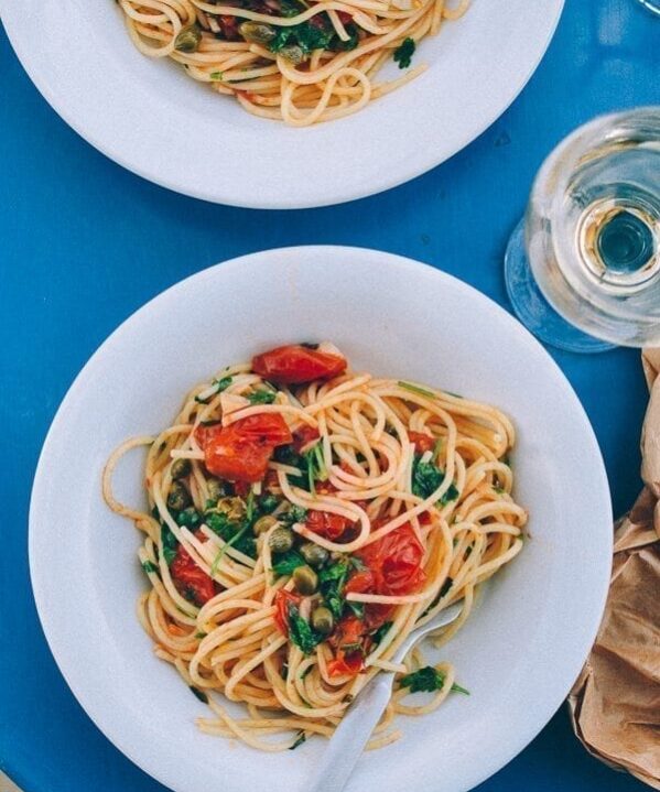 Spaghetti with Tomatoes, Capers, Mint & Parsley, by thewoksoflife.com
