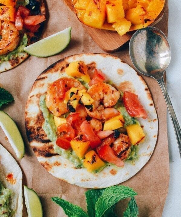 Shrimp Tacos w/ Grilled Mango & Mint Guacamole