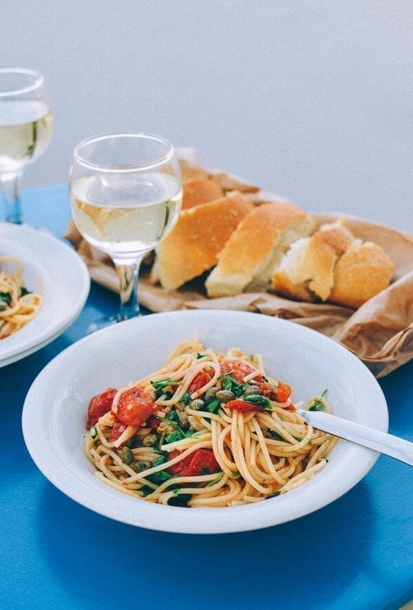 Spaghetti with Tomatoes, Capers, Mint & Parsley