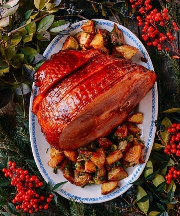Plum Sauce Glazed Ham with Soy & Scallion Butter Roasted Potatoes