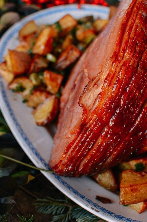 Plum Sauce Glazed Ham with Soy & Scallion Butter Roasted Potatoes