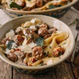 Winter pasta with sausage meatballs, sage, and parmesan
