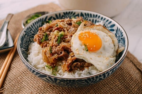 Gyudon (Japanese Beef & Rice Bowls), by thewoksoflife.com