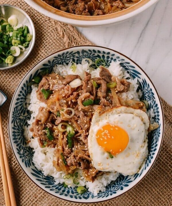 Gyudon (Japanese Beef & Rice Bowls), by thewoksoflife.com