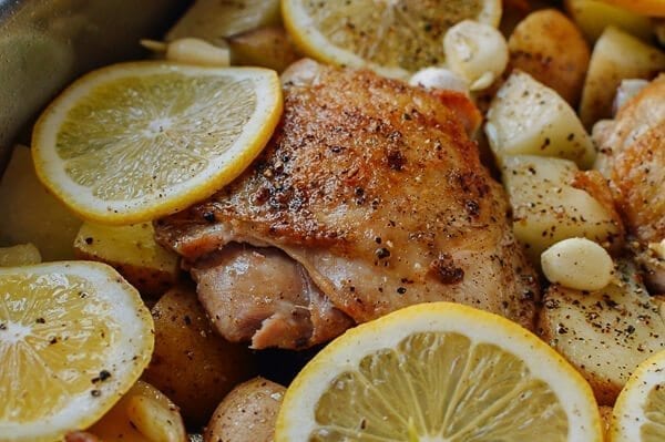 Roasted Lemon Chicken Thighs with Potatoes, by thewoksoflife.com