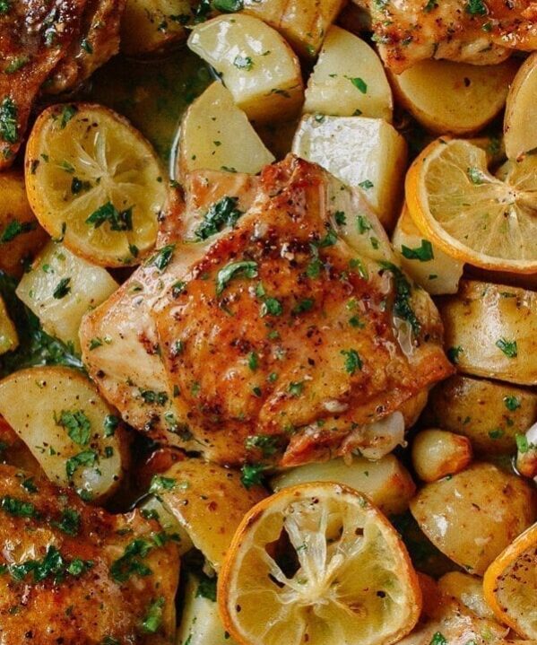 Roasted Lemon Chicken Thighs with Potatoes, by thewoksoflife.com