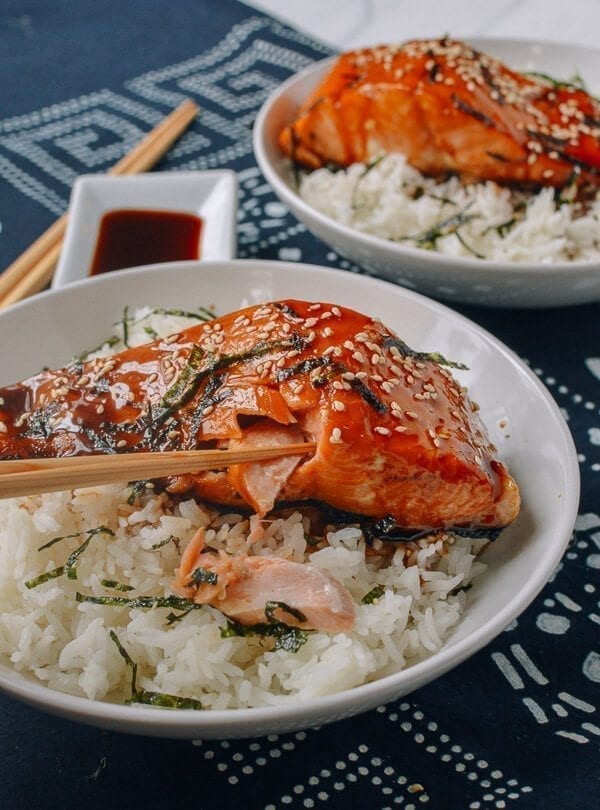 Salmon Teriyaki Bowls, by thewoksoflife.com