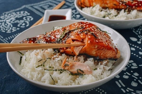 Salmon Teriyaki Bowls, by thewoksoflife.com