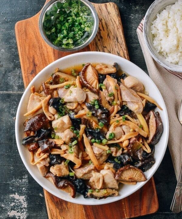 Steamed Chicken with Mushrooms & Dried Lily Flowers, by thewoksoflife.com