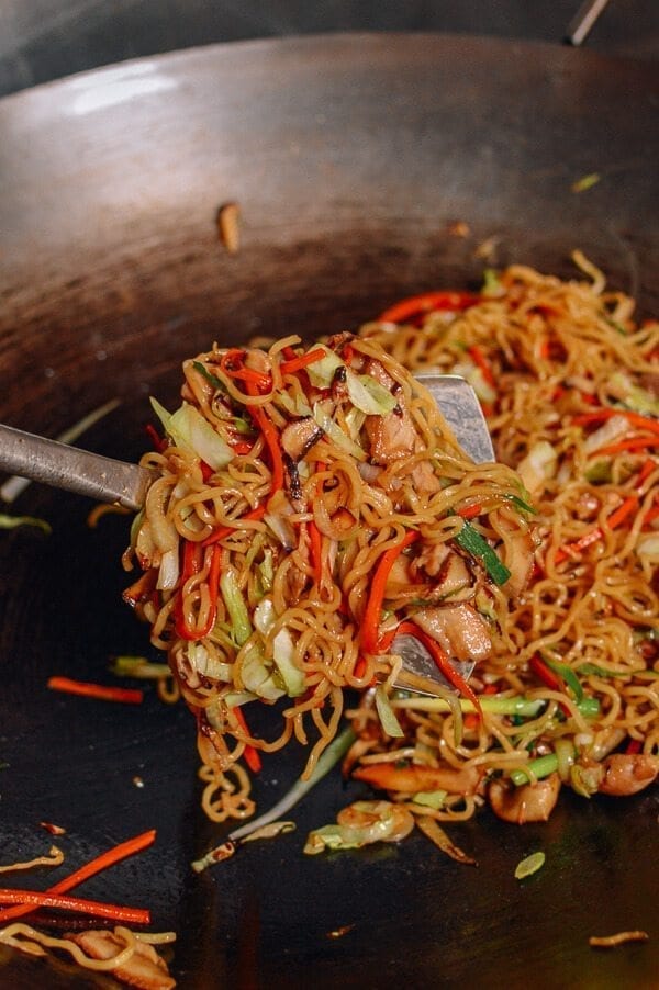 Yakisoba noodles in wok, by thewoksoflife.com