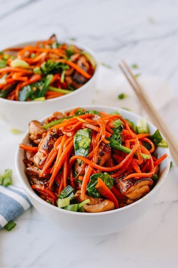 Stir-fried Carrot Noodles with Chicken, by thewoksoflife.com