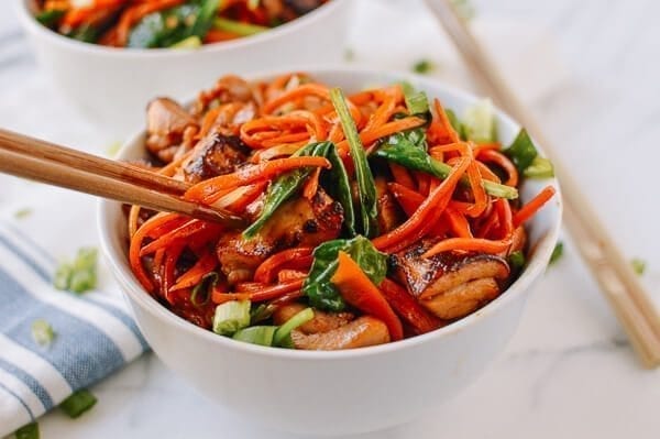 Stir-fried Carrot Noodles with Chicken, by thewoksoflife.com