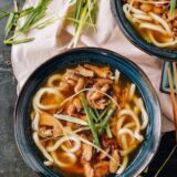 Udon noodle soup with chicken and mushrooms