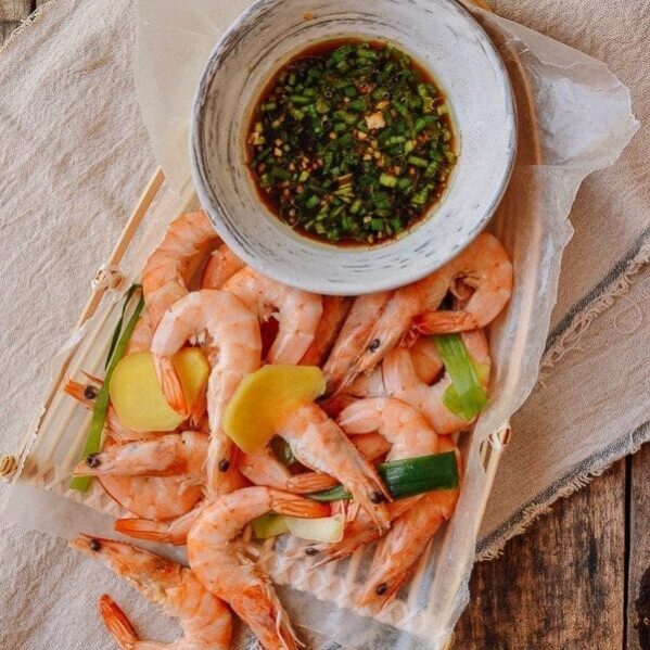 Chinese Boiled Shrimp with Ginger Scallion Dipping Sauce, by thewoksoflife.com