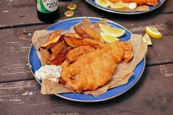 Camping fish and chips with tartar sauce