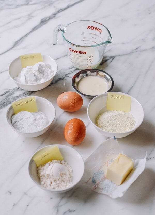 ingredients to make dough for Cantonese Steamed Custard Buns (Nai Wong Bao), by thewoksoflife.com