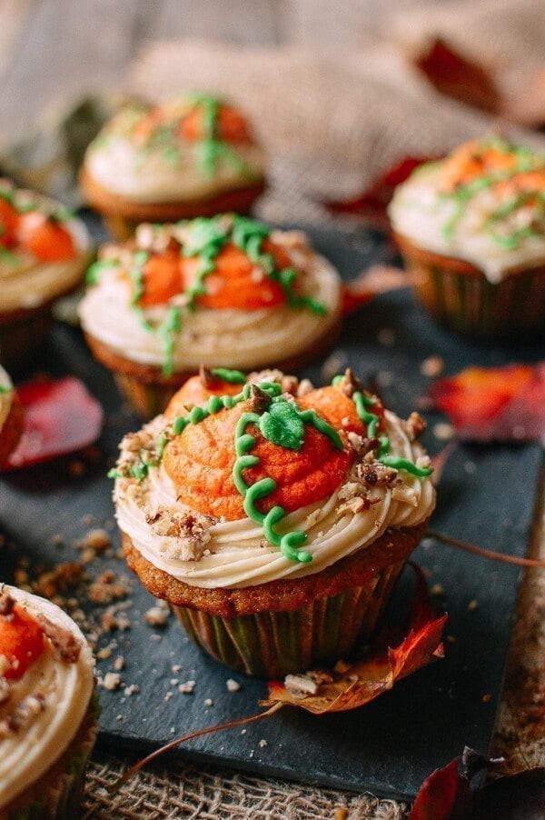 Pumpkin Cupcakes with Maple Vanilla Buttercream, by thewoksoflife.com