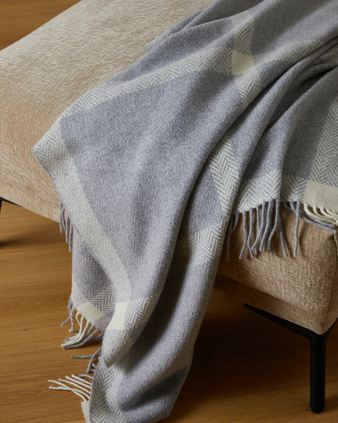 Foxford wool-cashmere blend blanket in gray and white plaid 