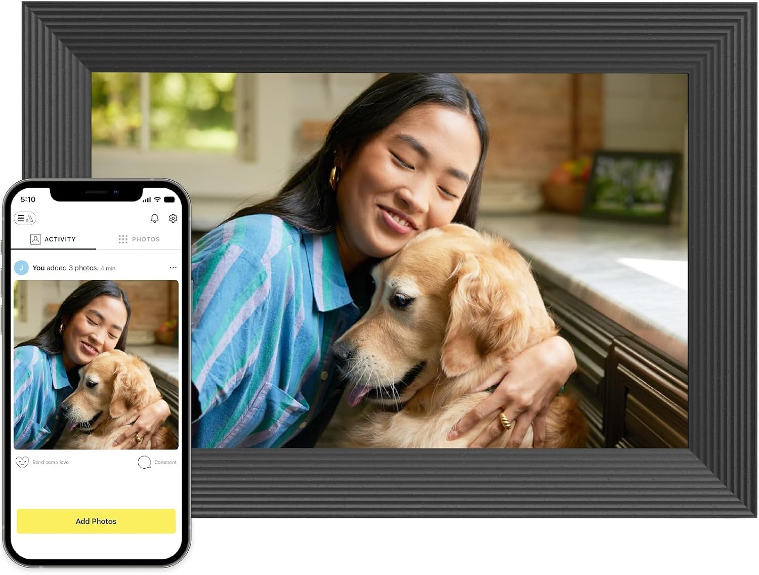 Black frame with a girl and her dog with the same image on a smartphone adjacent 
