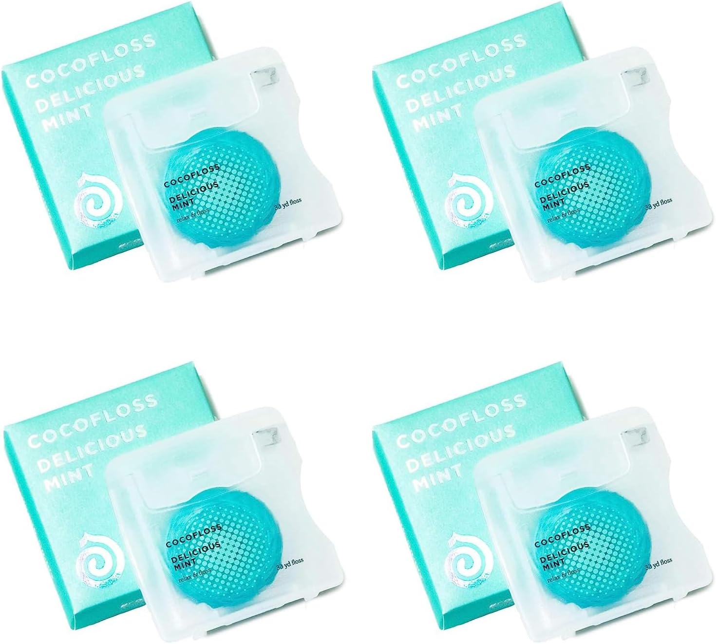 4 packs of cocofloss with teal packaging