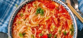 10-Minute Tomato Egg Drop Noodle Soup, by thewoksoflife.com