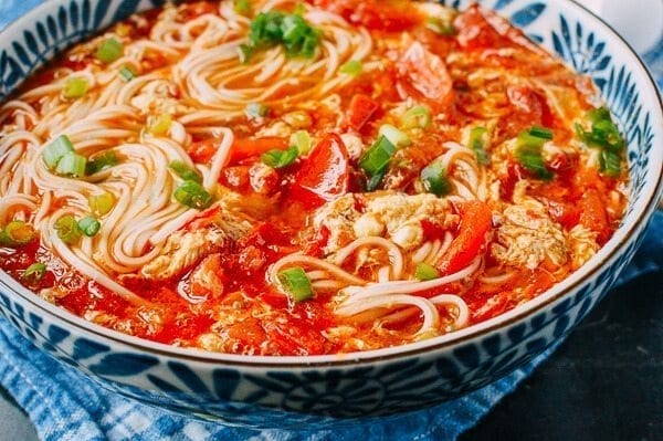 10-Minute Tomato Egg Drop Noodle Soup, by thewoksoflife.com