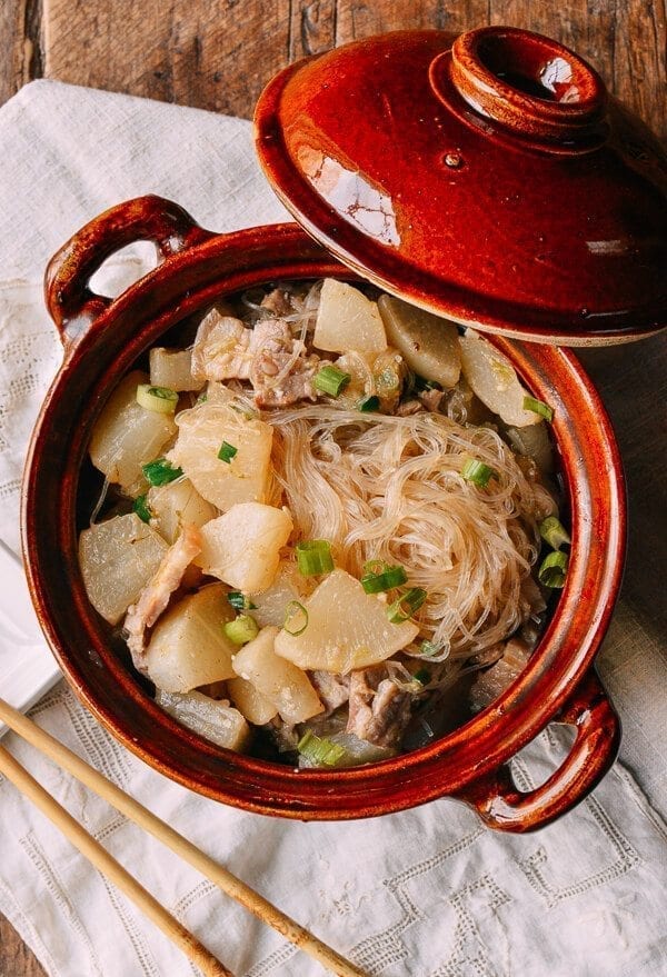 Braised Daikon with Salted Pork & Glass Noodles, by thewoksoflife.com