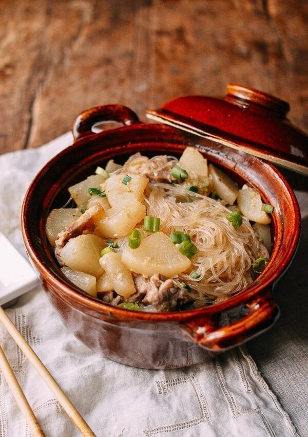 Braised Daikon with Salted Pork & Glass Noodles, by thewoksoflife.com