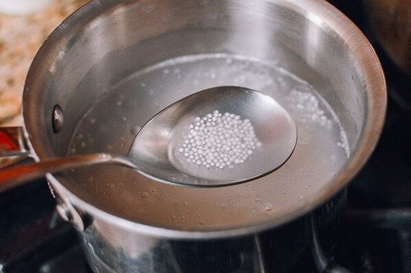 Boiling mini pearl tapioca, by thewoksoflife.com