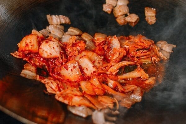 10-Minute Crispy Pork Belly Kimchi Bowls, by thewoksoflife.com